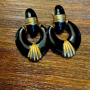 Vintage Black Oval/ Tear Drop Earrings With Gold Accents